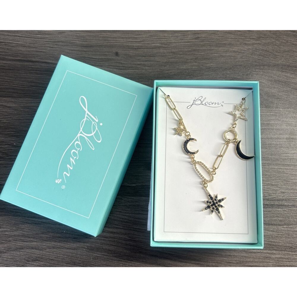 JBloom Moon Star Diamond Necklace Gold Tone Black Astrology New Celestial